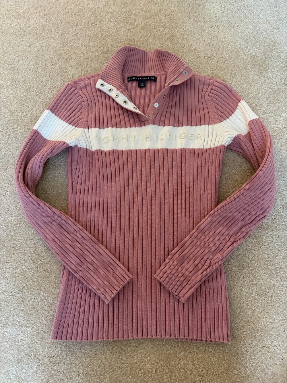 Tommy Hilfiger Women's Ribbed Pink Pullover Sweater with White Band